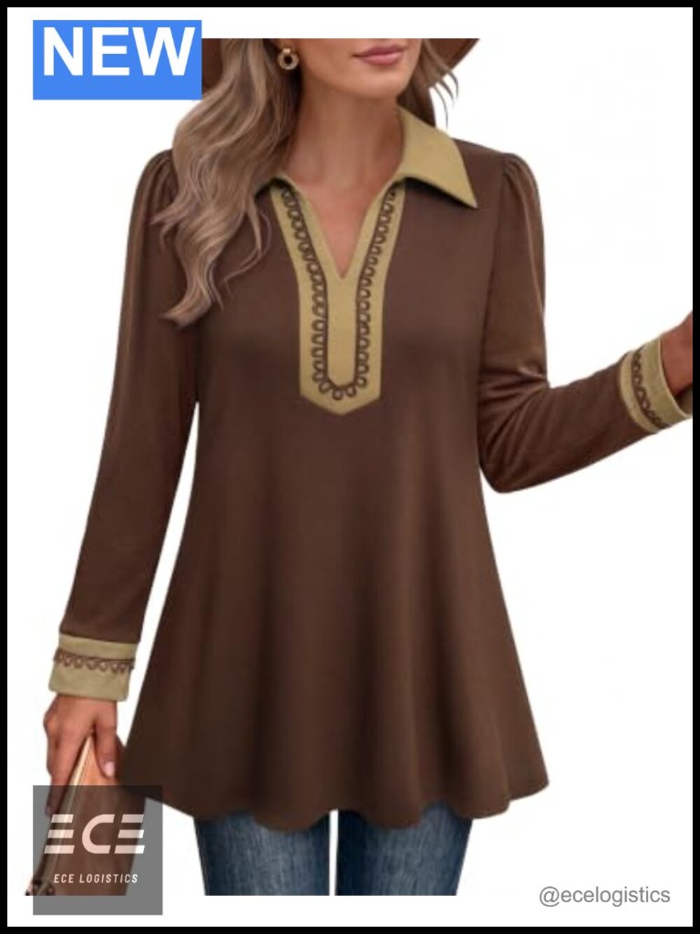 Women's Long Sleeve Tunic Top Collared V Neck Loose Fit Business Casual